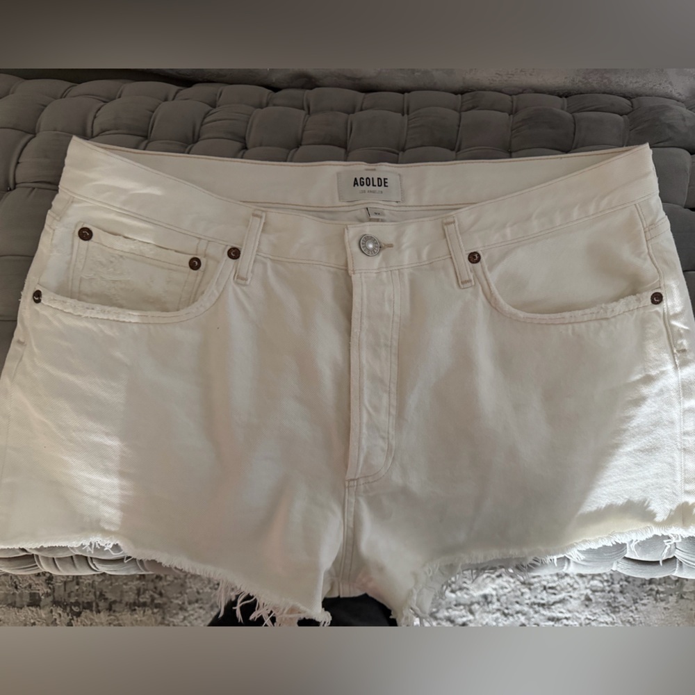 Agolde Off-White Denim Frayed Hem Shorts